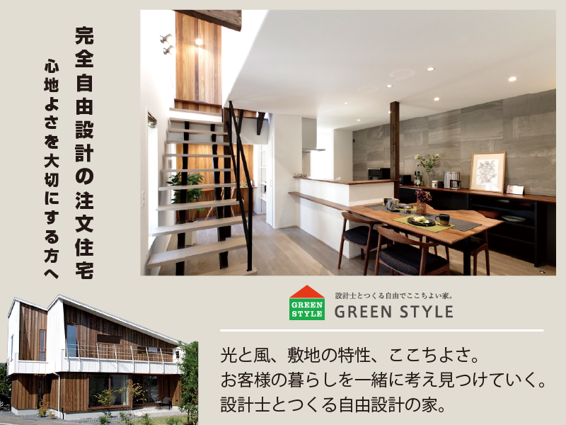 GREEN STYLEの自由設計で実現した吹き抜けと階段を活かした開放的なリビングの注文住宅内観