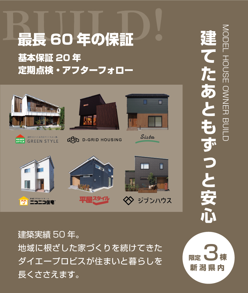 複数の住宅デザインと商品ラインナップを紹介する新潟県の注文住宅イメージ